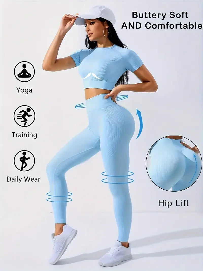 Yoga Set 2 Pieces Women Tracksuits Workout Sportswear Gym Clothing Fitness Short Sleeves Long Leggings Suits