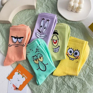 5 Pairs Kawaii SpongeBob Mid-Calf Socks Breathable Cotton Comfortable Tide Anime Socks for Boys Girls Students Birthday Gift
