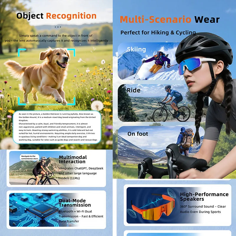2026 New Smart Cycling Glasses 3200W Photo Pixel AI Intelligent Identification IP54 Waterproof Bluetooth 5.3 Smart Glasses