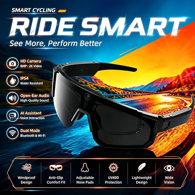 2026 New Smart Cycling Glasses 3200W Photo Pixel AI Intelligent Identification IP54 Waterproof Bluetooth 5.3 Smart Glasses