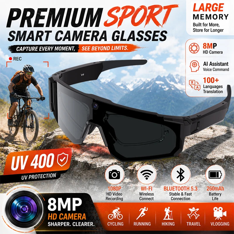 2026 New Smart Cycling Glasses 3200W Photo Pixel AI Intelligent Identification IP54 Waterproof Bluetooth 5.3 Smart Glasses