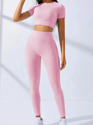 Yoga Set 2 Pieces Women Tracksuits Workout Sportswear Gym Clothing Fitness Short Sleeves Long Leggings Suits