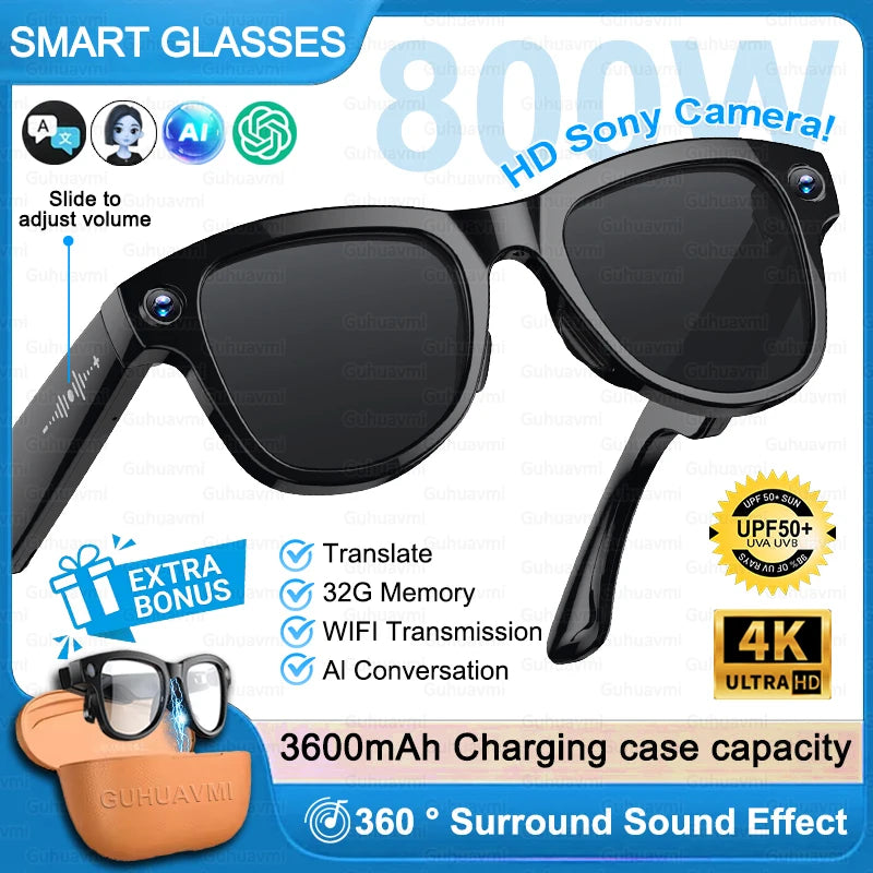 Next-Gen AI Smart Glasses 4K HD Video Recording 120+ Languages Translation 3600mAh Charging Case Bluetooth Call Music Sunglasses